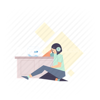 home, fishbowl, woman, leisure, headphone